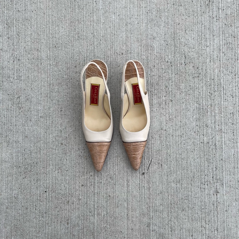 Vintage Cole Haan City White Tan Crocodile Pointed Toe Slingback Heels Size 9